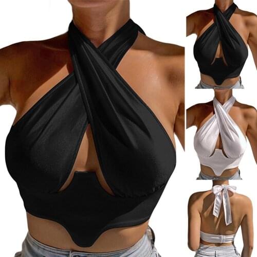 Y2K Women Crisscross Vest Sexy Solid Color Halter Tank Crop Top Halter Tank Crop Top Casual Soft Comfortable Party Club Bustier