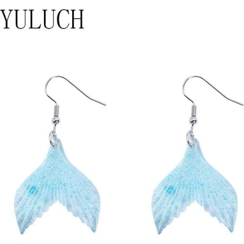 YULUCH Girl fish tail shiny pendant earrings ladies all-match multicolor jewelry women elegant party birthday gift earrings