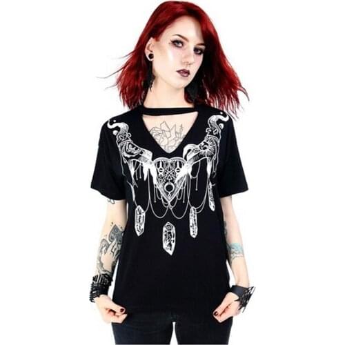 Witch T-shirt Women Gothic Punk Black Girls Magic Shirt Sexy V Neck Tops Witch Style Short Sleeve Ladies TShirt plus size 5XL#G8