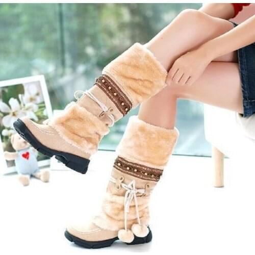 2020 New Arrival Winter Women Wedges Lace-Up Fashion Vintage Warm Pom Pom Snow Boots Lady Flat Retro Long Boots SXQ0811