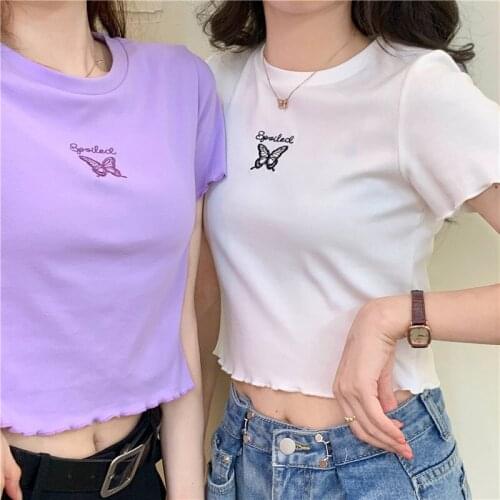 Fashion 2021 Summer Cartoon Blue Butterfly Print Crop Top Harajuku O Neck Cropped T Shirt Cute Gothic Women Tshirt Streetwear
