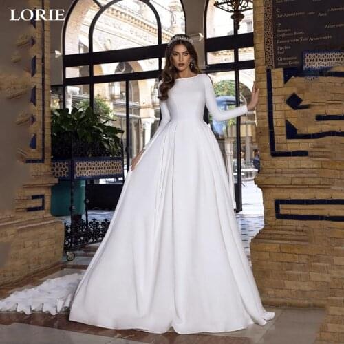 LORIE A Line Satin Wedding Dresses Lace Princess Bride Dresses Long Sleeve With Romantic Buttons Backless Vestido de novia 2019