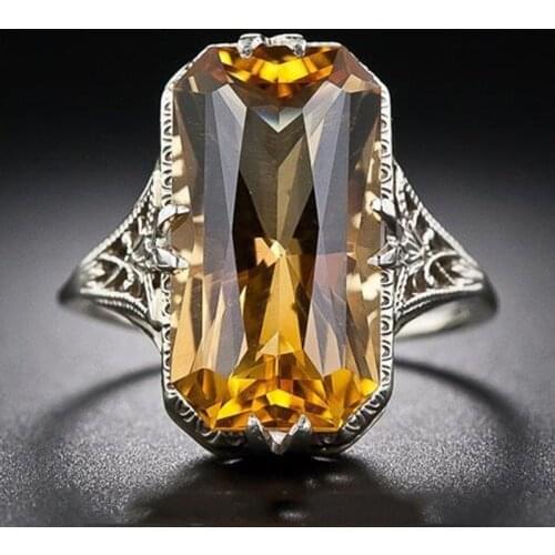 Hot Selling Fashion Created Square Yellow Crystal Ring Classic Hollow Out Rings For Women Engagement Wedding Gift Fine Jewelry