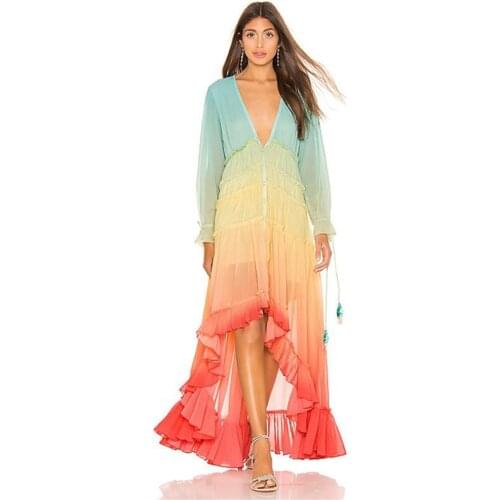 2021 Women Dress Boho Floral Print Ruffle Irregular Rainbow Long Dress Summer Deep V-Neck Long Sleeve Vintage Maxi Dresses