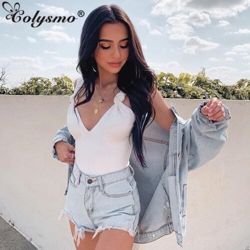 Colysmo Deep V Backless Bodysuit Women 2020 Summer Knotted Strap Bodycon White Bodysuit Double Layers Knitted Sexy Bodysuits