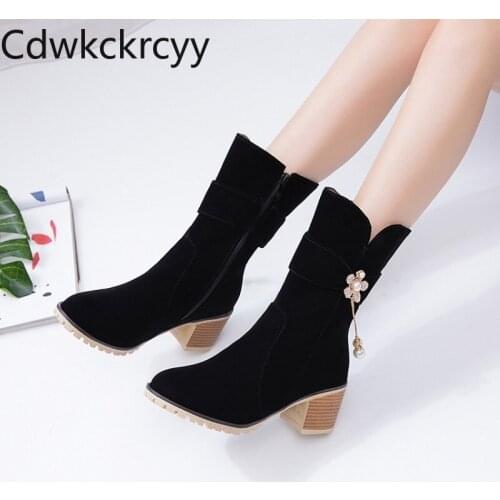 Winter The New fashion Round head Thick heel Knight boots Rhinestone Flower Plus velvet Keep warm High heel Women boots 34-43