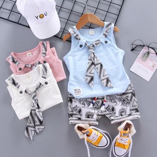 Fashion Brand Children Boys Girls 2pcs Tie TShirt Cotton Vest Cartoon Short Pant Baby Clothes New Summer Kids Clothing Sets