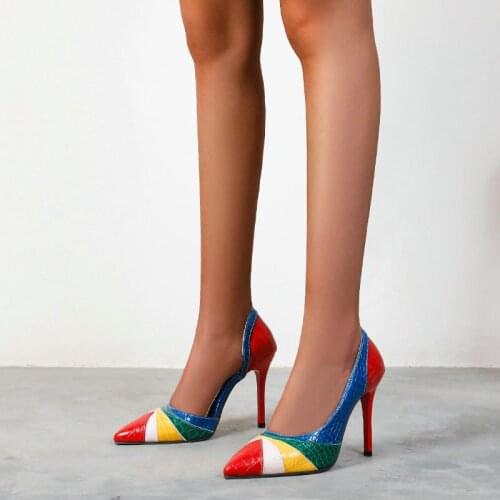 2021 Women Sexy High Heels Pointed Toe Thin Sole Shoes Fashion Color Block Artificial Leather Summer Autumn Spring Sandals