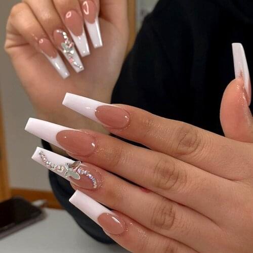 24pcs TIP NAIL White Butterfly Wear Long Paragraph Fashion Manicure Patch wearable full cover fake nail tips free shipping