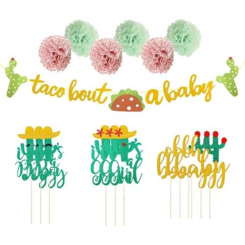 Baby Shower Banner Flower Lantern Decorations - A Baby Banner, Paper Lanterns, Paper Flower Pom Poms (Green and Yellow)