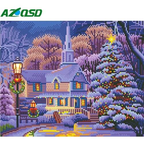 AZQSD LED Diamond Painting Winter Embroidery Scenery Framed 40x50cm DIY Art Christmas Gift Cross Stitch Full Kits Home Decor
