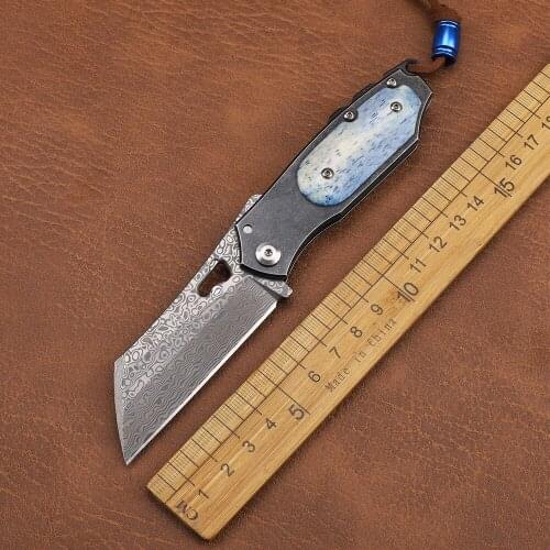 Damascus Steel Blade + Animal Bone Handle Outdoor Camping Hunting Fishing Fruit Knife EDC Folding KnifeTool