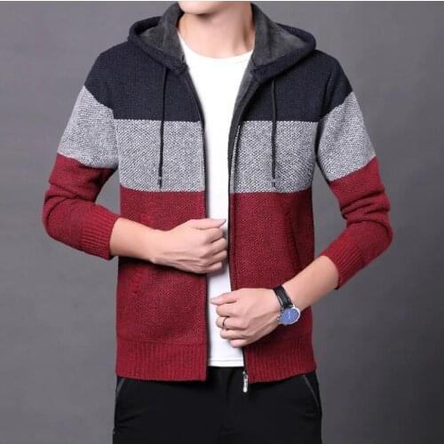 Winter New Mens Cardigan Fashion Knit Thickened Large Size Sweater Stitched Color Block Collar Coat Jacket Male Outerwear