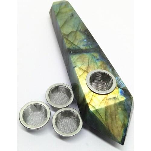 Natural labradorite crystal smoke pipe with three metal mesh and 1 cleaning brush for tobacc healing