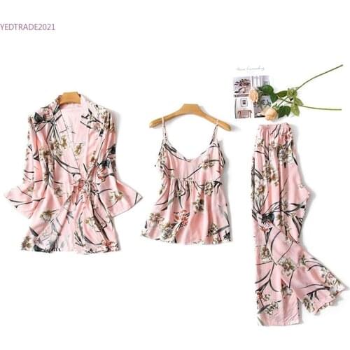 2021 New Satin Pajamas for Women 3Pcs Pjs Home Wear Clothes Print Floral Cotton Ladies Sexy Loose Sleep Nightwear Sets