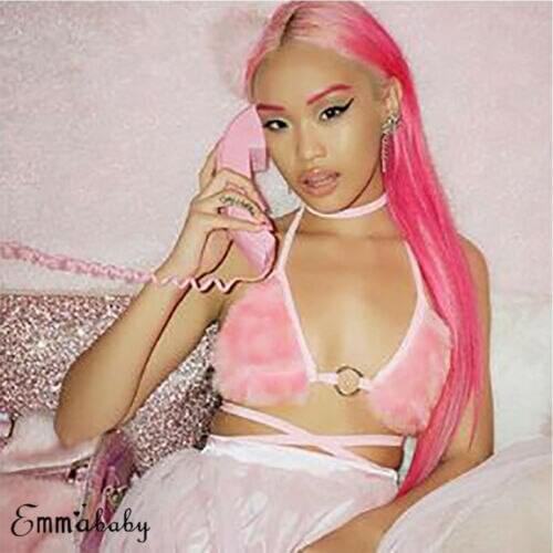 Brand New Sexy Women Fur Soft Plush Fleece Bras Pink Black Halter Crop Tops Ladies Underwear Short Top