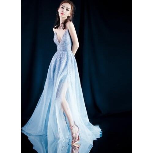 Neck V New dress slim nail bead sequin Sling Dress blue color