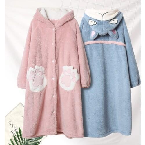 Autumn and winter new pajamas loose thick cartoon cats paw sweet and cute hooded nightgown mid-length home service ladies