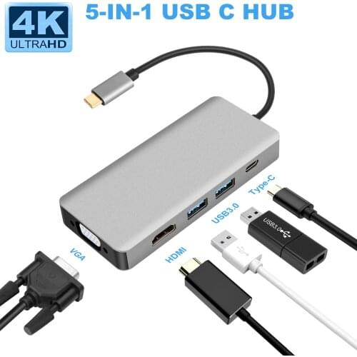 USB-C Thunderbolt 3 Hub usb3.1 Type C to HDMI 4K 30Hz VGA SB3.0 Hub USB C PD 5in1 Docking Adapter for Macbook Pro 2018 2017