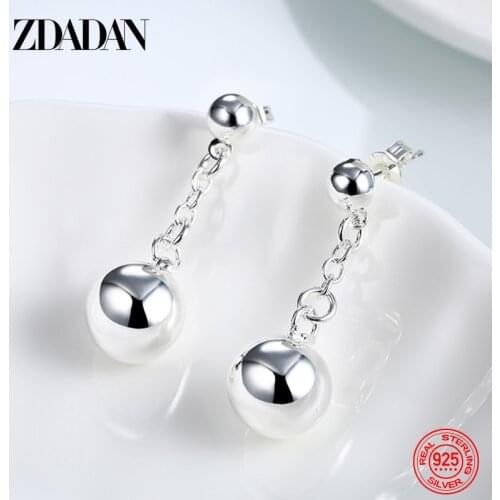 ZDADAN 925 Sterling Silver 10MM Beads Drop Earring For Women Fashion Wedding Jewelry Party Gift