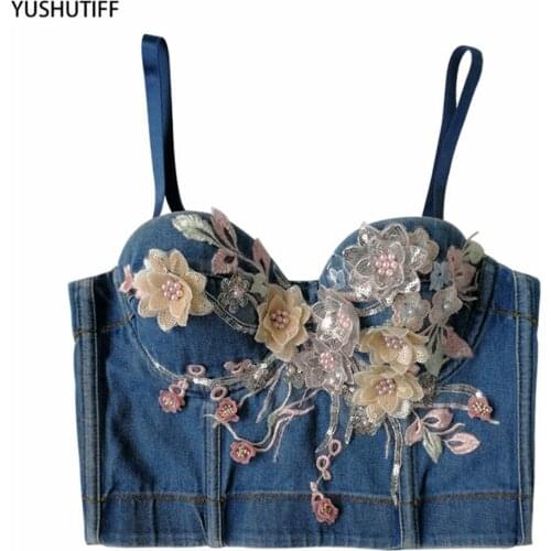 Summer Sexy Beads Flowers Women Cropped Top Night Club Party Corset Crop Top To Wear Out Push Up Bustier Camis Built in Bra 8148