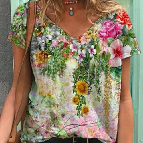 2021 New Summer Floral Butterfly Printed Tops Women Vintage V-neck Short Sleeve Oversized Tees Female Fashion All-match T-shirt