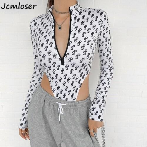 Jcmloser Long Sleeve Print Bodysuit O Neck Casual Turtleneck Elastic Sporty Body Top Sexy Women 2021 Bodysuits Streetwear