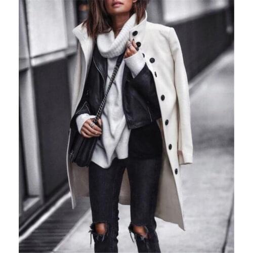 Autumn / Winter Women Button Long Woolen Overcoat Elegant Solid Color Long Sleeve Streetwear Coat