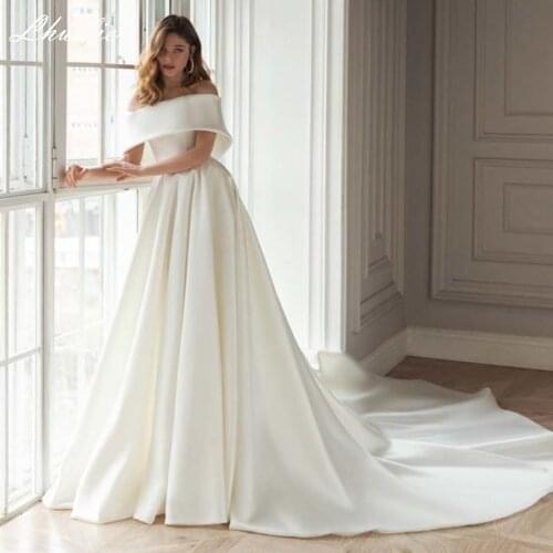 Lhuilier Womens A-Line Boat Neck Satin Wedding Dresses 2020 High Waisted Off Shoulder Floor Length Bridal Gowns Chapel Train