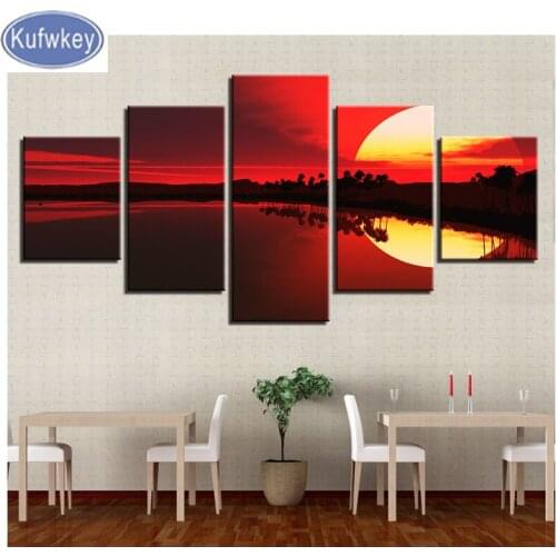 5d diy diamond painting 5 pieces full round diamond embroidery Red Sky Lake Forest Sunset Scenery Painting rhinestones mosaic