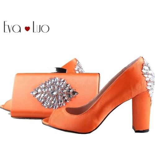 BS994 Custom Made Orange Crystal African Shoes With Matching Bag Set Block Heel Women Pumps Shoes Bridal Wedding Shoes