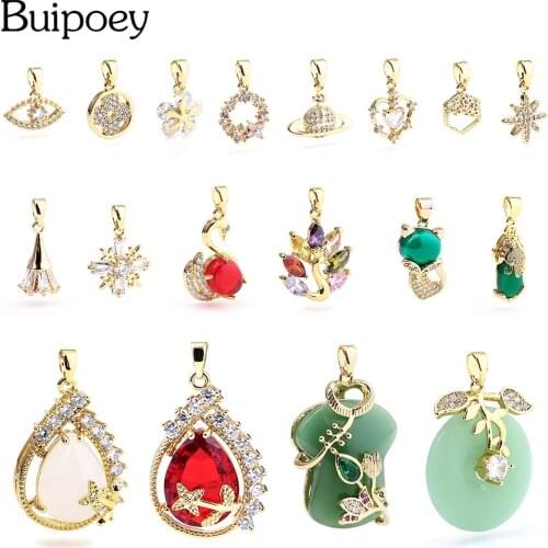 Buipoey Fine Golden Planet Dangle Necklace Pendant Crystal Zircon Snowflake Charm Flowers Pendant Necklace Collar Accessories