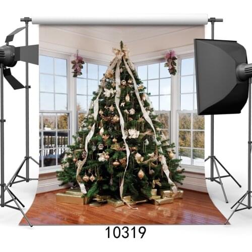 Photography Backdrop Christmas Decoration Tree Gifts French Sash Wood Interior Xmas Backdrops