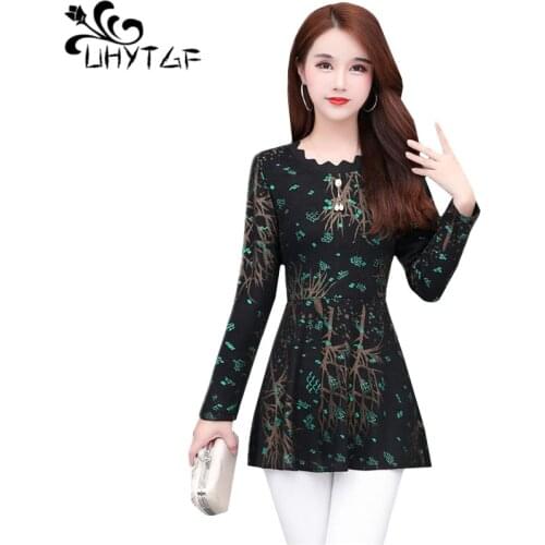 UHYTGF 5XL Plus size T-shirt female fashion print pullover spring autumn top women long sleeve slim elegant womens t-shirts 1031