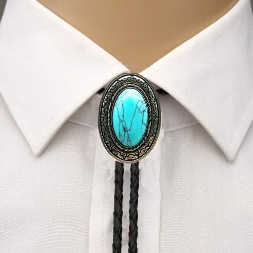 Oval shape tuquoise white stone bolo tie for man cowboy western cowgirl lather rope zinc alloy necktie