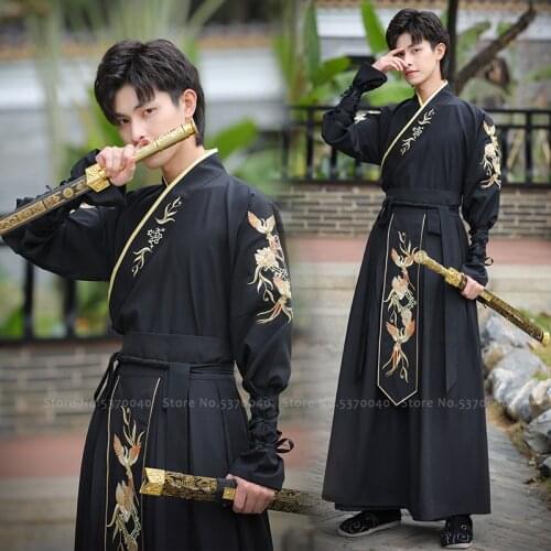 Hanfu Robes for Men Traditional Chinese Style Crane Embroidery Dress Top Japanese Samurai Party Cosplay Costume Festival Outfits