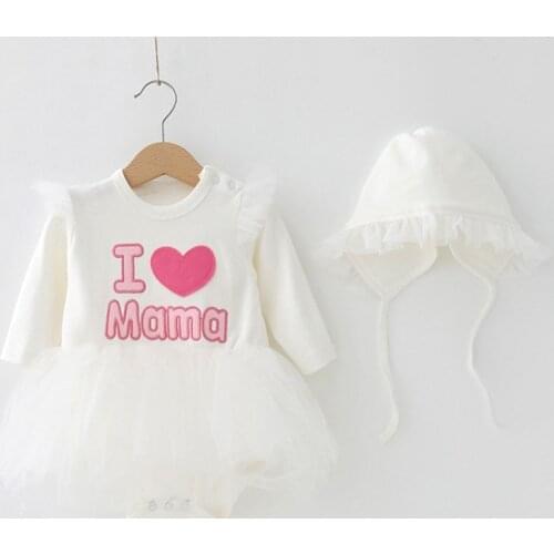 Sweet Girls Infant Clothes Set I Love Papa and Mama Cotton Infant Girl Long Sleeve Bodysuits Tutu Dress+Cap 2pcs Newborn Outfits