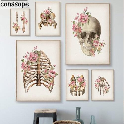Skeleton Bones Anatomy Poster Flower Hand Foots Skull Canvas Wall Art Painting Vintage Print Medical Picture Clinic Office Decor