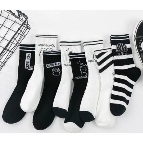 Kawaii Cartoon Socks Women Set Autumn Winter Socks Kitten Trend Cotton Korean Versatile Striped College Black White Stockings