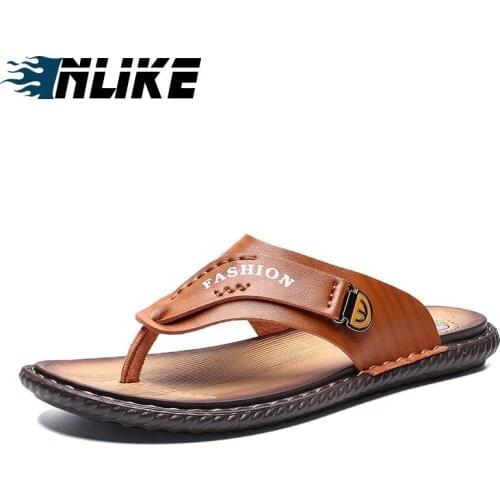 Luxury Brand 2019 New Mens Flip Flops Leather Slippers Mens Slippers