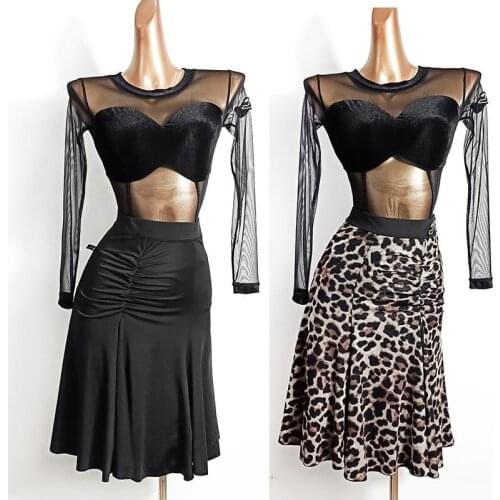 New latin latin skirt Latin practice dance cha cha samba bachata leopard black latin skirt latin mesh leotard body S-XL 611
