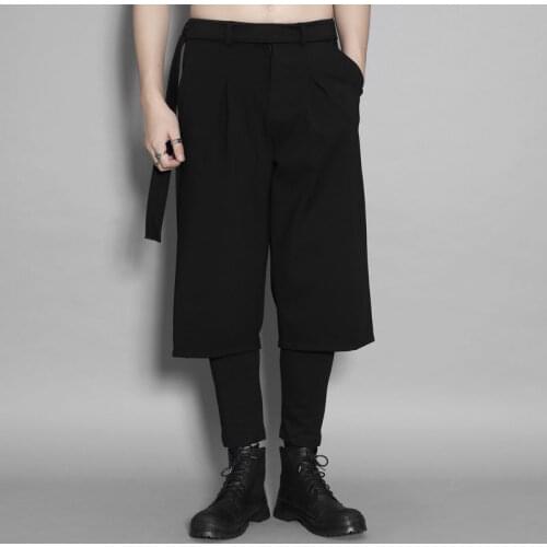 Fall Wear British personality belt stitching niche design casual trend fake two-piece pants mens nine-point trousers trend