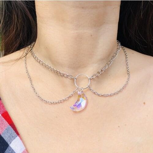 Punk Double Layer Silver Color Chain Choker Necklaces Fashion Geometric Colorful Moon Pendant Necklaces For Women Jewelry kolye