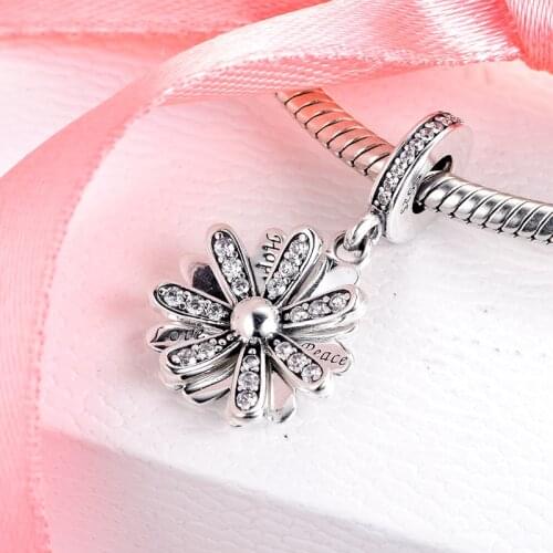 2020 Spring Sparkling Daisy Flower Dangle Charm 925 Sterling silver Charms fit Beads Bracelets Necklaces DIY Pendant For Jewelry
