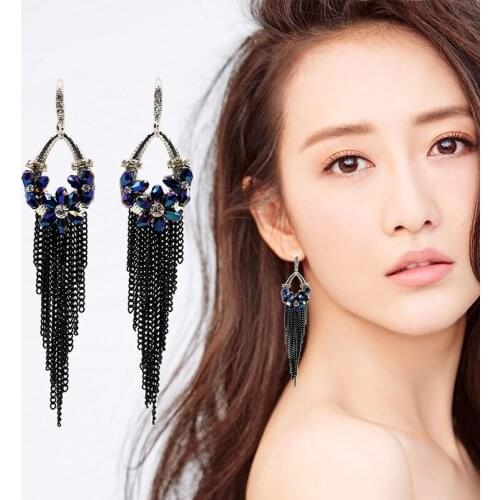 Rhinestone Crystal Flowers Geometric Chain Drop Tassel Earrings 3 Colors Handmade Long Women Bridal Earings Fashion Jewelry