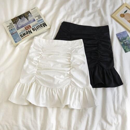 White a-line skirt female spring/summer 2021 new style wrinkled high waist slimming hip fishtail skirt medieval skirt