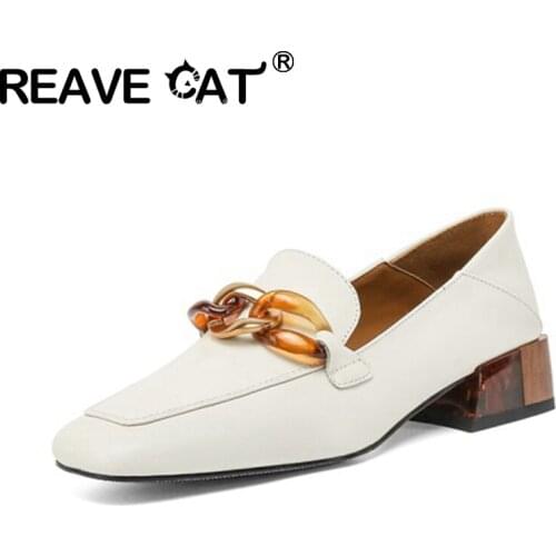 REAVE CAT 2021 Genuine Leather Ladies Pumps Lofer Square Toe Metal Decoration Stepped On 3.5cm Chunky Heel US8 Black White A4330