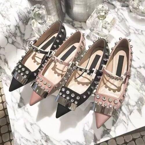 2021 Spring New Studded Rhinestone Flats Women Shoes Pointed Toe Women Shoes Solid Black Pink Women Shoes Buty Damskie