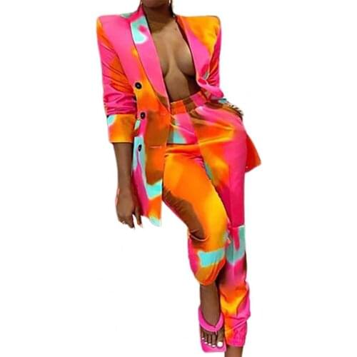 Lady Blazer Suit Turn-down Collar Leisure Right Angle Tie Dye Blazer High Waist Wide Leg Pants Suit Autumn Button Suits Vintage