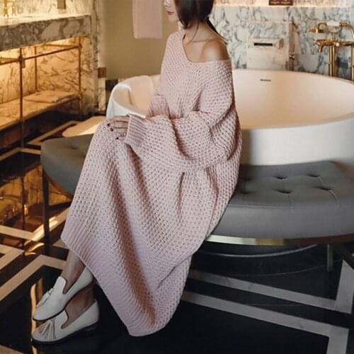Johnature Winter New Korean Knitting Solid Color Long Women Sweater Dresses 2021 O-neck Full Sleeve Loose Casual Women Dress